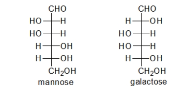 The structures of mannose and galactose are given below.What is the relationship between these two monosaccharides?   A)  They are identical. B)  They are constitutional isomers. C)  They are diastereomers. D)  They are enantiomers. E)  They are conformers.