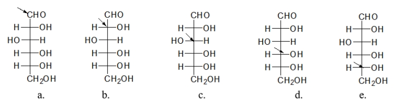 In which of the sugars below is the arrow pointing to the carbon that determines whether a sugar is α- or β-?   A)  structure a B)  structure b C)  structure c D)  structure d E)  structure e