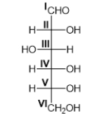 Which carbon(s) in the Fischer projection below is/are a chirality center?   A)  all carbons B)  carbon I only C)  carbon I and VI only D)  carbons II, III, IV, and V E)  carbons II through IV