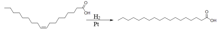 Foods that contain the product of the reaction shown below are labeled as   A)  hydrogenated or partially hydrogenated. B)  fatty. C)  oily. D)  fat free. E)  diet.