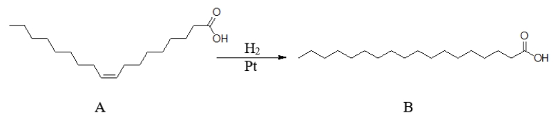 The reaction of fatty acid A is an example of a(n)    A)  neutralization. B)  combustion. C)  oxidation. D)  reduction. E)  condensation.