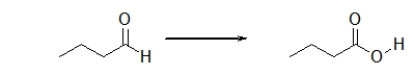Is the aldehyde oxidized or reduced during the following reaction, and how can you tell?   A)  Neither.This is not an oxidation-reduction reaction. B)  The aldehyde is neither oxidized nor reduced because the number of hydrogens does not change. C)  The aldehyde is oxidized because it loses two hydrogens. D)  The aldehyde is reduced because it loses two hydrogens. E)  The aldehyde is oxidized because it gains an oxygen.
