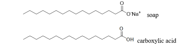Do you expect a soap molecule to be more or less soluble than a carboxylic acid with the same number of carbons shown below?   A)  less soluble because the soap has a higher molecular weight B)  more soluble because the soap has a higher molecular weight C)  less soluble because the soap is more polar D)  less soluble because the soap is less polar E)  more soluble because the soap is negatively charged