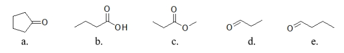 Which compound has the highest boiling point?   A)  compound a B)  compound b C)  compound c D)  compound d E)  compound e