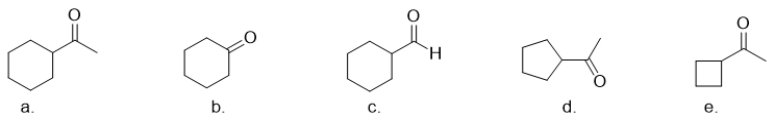Which molecule is cyclohexanone?   A)  molecule a B)  molecule b C)  molecule c D)  molecule d E)  molecule e