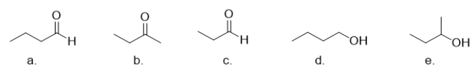 Which molecule is butanal?   A)  molecule a B)  molecule b C)  molecule c D)  molecule d E)  molecule e