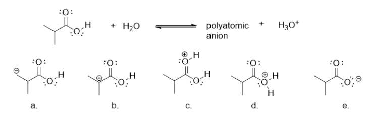 What is the product when a carboxylic acid donates a proton ion (H<sup>+</sup>) to water?   A)  molecule a B)  molecule b C)  molecule c D)  molecule d E)  molecule e