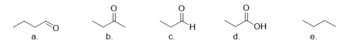 Which of the following compounds has the highest boiling point?   A)  compound a B)  compound b C)  compound c D)  compound d E)  compound e