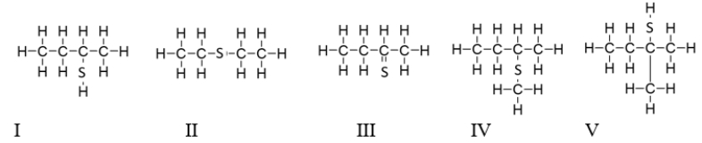 Which of the following molecules contain(s) a thiol functional group?   A)  All of these molecules are thiols. B)  Only II is a thiol. C)  Molecules II and IV are thiols. D)  Molecules I and V are thiols. E)  All the molecules except molecule III are thiols.