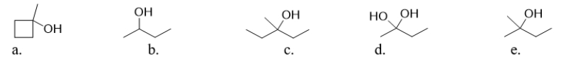 Which of the following molecules is 2-methyl-2-butanol?   A)  molecule a B)  molecule b C)  molecule c D)  molecule d E)  molecule e