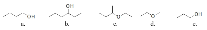 Which of these molecules has the highest boiling point?   A)  molecule a B)  molecule b C)  molecule c D)  molecule d E)  molecule e