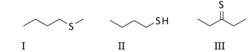 Select the molecule containing a thiol functional group.   A)  All of these molecules contain a thiol. B)  I only C)  II only D)  III only E)  Both I and II contain a thiol.