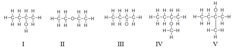 Which of the molecules contain(s) a hydroxyl group?   A)  All of these molecules contain a hydroxyl group. B)  Only molecule I contains a hydroxyl group. C)  Molecules II and IV contain a hydroxyl group. D)  Molecules I and V contain a hydroxyl group. E)  All molecules except molecule III contain hydroxyl groups.