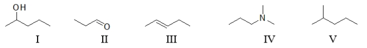 Which of the following molecules contain(s) a nonpolar functional group?   A)  All of these molecules contain nonpolar functional groups. B)  All of these molecules except V contain a nonpolar functional group. C)  All of these molecules except III and V contain a polar functional group. D)  Only III and V contain a nonpolar functional group. E)  Only III contains a nonpolar functional group.