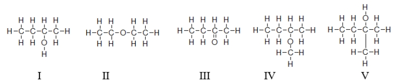 Which of the molecules contain(s) an ether functional group?   A)  All of these molecules are ethers. B)  Only II is an ether. C)  Molecules II and IV are ethers. D)  Molecules I and V are ethers. E)  All molecules except molecule III are ethers.