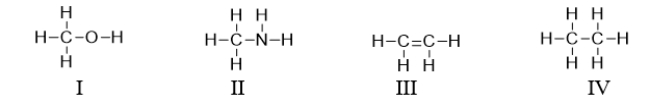 Which of the following compounds contains a heteroatom?   A)  All of these compounds contain a heteroatom. B)  I and II contain a heteroatom. C)  III and IV contain a heteroatom. D)  Only III contains a heteroatom. E)  I, II, and III contain a heteroatom.
