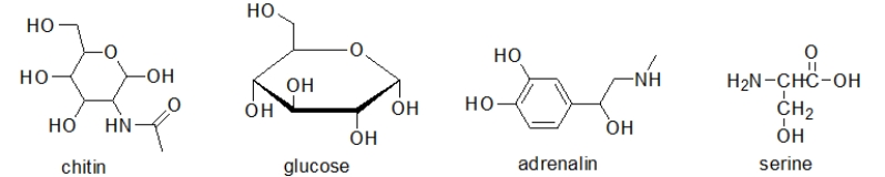 Which of the following molecules contain(s) a primary alcohol?   A)  chitin and glucose B)  glucose and adrenalin C)  adrenalin and serine D)  chitin, glucose, and serine E)  All of these molecules contain a primary alcohol.