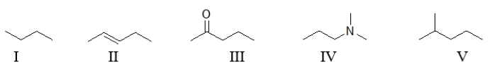 Which of the following organic molecules contains at least one functional group?   A)  All of these molecules contain at least one functional group. B)  All of these molecules except I contain at least one functional group. C)  Molecules II, III, and IV contain at least one functional group. D)  Only molecules III and IV contain a functional group. E)  None of these molecules contain a functional group.