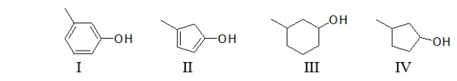 Which of the following structures is 3-methylphenol?   A)  All of these structures are 3-methylphenol. B)  Both I and III are 3-methylphenol. C)  Both II and IV are 3-methylphenol. D)  Only I is 3-methylphenol. E)  Only III is 3-methylphenol.