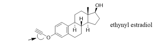 Ethynyl estradiol, a synthetic hormone, is a common component of birth control pills.What is the angle of the C-C-O bond indicated with the arrow?   A)  45° B)  90° C)  109.5° D)  120° E)  180°