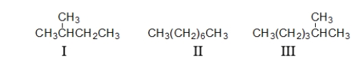 Which of the following condensed structures are branched and which are straight chains?   A)  branched: II straight chain: I and III B)  branched: I and III straight chain: II C)  branched: II and III straight chain: I D)  branched: III straight chain: I and II E)  branched: I and II straight chain: III