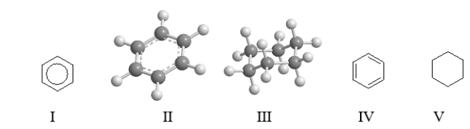 Which of the following structures represent benzene?   A)  II and IV B)  I, II, and IV C)  III and V D)  all of them except V E)  All of them represent benzene.
