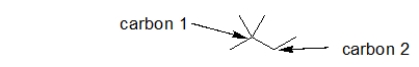 How many hydrogens are bonded to the carbons with the arrows pointing to them?   A)  carbon 1: 0 carbon 2: 0 B)  carbon 1: 0 carbon 2: 2 C)  carbon 1: 1 carbon 2: 2 D)  carbon 1: 4 carbon 2: 4 E)  It is not possible to tell given the skeletal line structure.