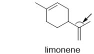 What is the C-C-C bond angle indicated by the arrow in limonene, one of the components of oil of lemon?   A)  180° B)  120° C)  109.5° D)  90° E)  45°