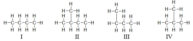 Which of these structures below have the same physical properties?   A)  I and II B)  I and IV C)  I, III, and IV D)  I and III E)  All of these have the same physical properties.