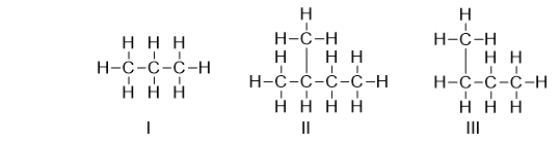 Which of the following structures is a branched-chain hydrocarbon?   A)  I only B)  II only C)  III only D)  I and II E)  II and III