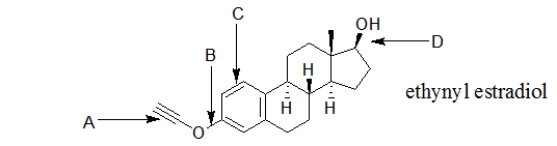 Ethynyl estradiol, a synthetic hormone, is a common component of birth control pills.Which bond in ethynyl estradiol is an alkyne?   A)  bond A B)  bond B C)  bond C D)  bond D E)  bonds A and C