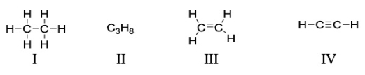 Which of the following compounds is a saturated hydrocarbon?   A)  I only B)  I and II C)  IV only D)  III and IV E)  All of these are saturated hydrocarbons.
