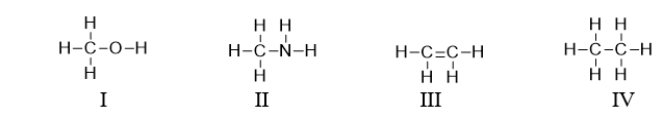 Which of the following compounds contains a heteroatom?   A)  All of these compounds contain a heteroatom. B)  I and II contain a heteroatom. C)  III and IV contain a heteroatom. D)  Only III contains a heteroatom. E)  I, II, and III contain a heteroatom.