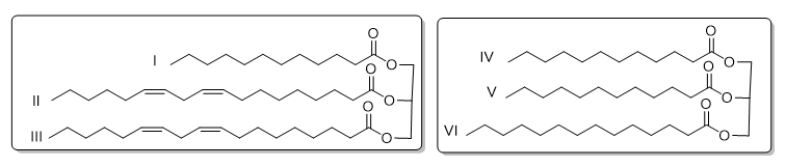 Which of the fatty acids are saturated?   A)  All of them (I through (VI) are saturated. B)  Only II and III are saturated. C)  Only I, II, and III are saturated. D)  Only I, IV, V, and VI are saturated. E)  Only IV, V, and VI are saturated.