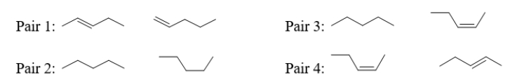 Which pair(s) of molecules below are geometric isomers?   ​ A)  All of them are geometric isomers. B)  pairs 2, 3, and 4 C)  pairs 1, 2, and 3 D)  pair 1, 3, and 4 E)  pair 4 only