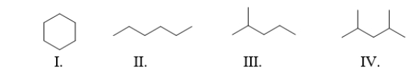 Which of the following skeletal line structures are isomers?   A)  All of these are isomers. B)  I and II C)  I, II, and III D)  III and IV E)  II and III