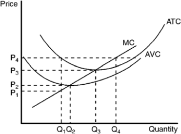 The graph below depicts the cost structure for a firm in a competitive market. Figure 9-13   -Refer to Figure 9-13. When price falls from P<sub>3</sub> to P<sub>1</sub>, the firm finds that A)  fixed cost is higher at a production level of Q<sub>1</sub> than it is at Q<sub>3</sub>. B)  it should produce Q<sub>1</sub> units of output. C)  it should produce Q<sub>3</sub> units of output. D)  it should shut down immediately.