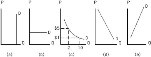 Figure 7-16   -Which demand curve in Figure 7-16 is perfectly elastic? A)  the curve in graph a B)  the curve in graph b C)  the curve in graph c D)  the curve in graph d E)  the curve in graph e