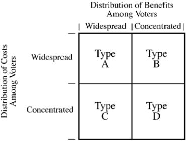 Use the figure below to answer the following question(s) . Figure 6-1   -Figure 6-1 illustrates the four possibilities of the distribution of costs and benefits among voters for a government project. For which type would the government most likely fail to undertake many projects that would be considered efficient or productive (in other words, do too few of them relative to economic efficiency) ? A)  type A B)  type B C)  type C D)  type D