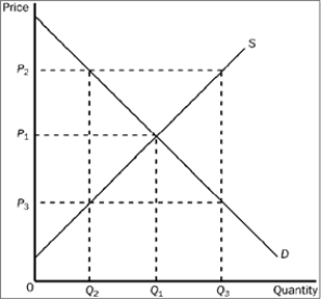 Figure 3-21   -Refer to Figure 3-21. At the quantity Q<sub>2</sub>, A)  the value to buyers and the cost to sellers are both P<sub>2</sub>. B)  the value to buyers is P<sub>2</sub> and the cost to sellers is P<sub>3</sub>. C)  the value to buyers and the cost to sellers are both P<sub>3</sub>. D)  the value to buyers is P<sub>3</sub> and the cost to sellers is P<sub>2</sub>.