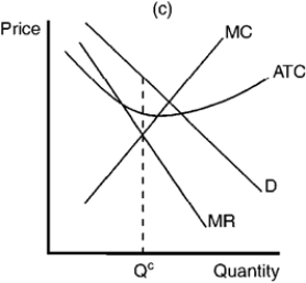 Figure 10-11         -Refer to Figure 10-11. Which of the graphs shown would be consistent with a firm in a competitive price-searcher market that is maximizing profit but profit is still negative? A)  Panel a B)  Panel b C)  Panel c D)  Panel d