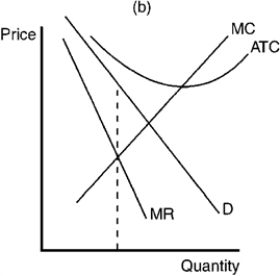 Figure 10-12         -Refer to Figure 10-12. Panel (b)  is consistent with a firm in a competitive price-searcher market that is A)  not in long-run equilibrium. B)  in long-run equilibrium. C)  producing its efficient scale of output. D)  earning a positive economic profit.