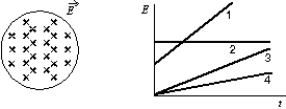 <strong>An electric field exists in the cylindrical region shown and is parallel to the cylinder axis.The magnitude of the field might vary with time according to any of the four graphs shown.Rank the four variations according to the magnitudes of the magnetic field induced at the edge of the region, least to greatest. </strong> A)2, 4, 3, 1 B)1, 3, 4, 2 C)4, 3, 2, 1 D)4, 3, 1, 2 E)2, 1, 3, 4