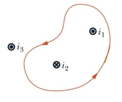 In the figure, there are three wires carrying currents in the indicated directions, and an Amperian loop.The sign of the contribution of the current in each wire to the path integral in Ampere's Law is:   A) i<sub>1</sub> +, i<sub>2</sub> -, i<sub>3</sub> 0 B) i<sub>1</sub> -, i<sub>2</sub> +, i<sub>3</sub> 0 C) i<sub>1</sub> +, i<sub>2</sub> +, i<sub>3</sub> - D) i<sub>1</sub> -, i<sub>2</sub> -, i<sub>3</sub> + E) i<sub>1</sub> +, i<sub>2</sub> -, i<sub>3</sub> -