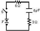  In the circuit shown, the capacitor is initially uncharged, and V = 10 V.At time t = 0, switch S is closed.If    \tau   denotes the time constant, the approximate current through the 3  \Omega resistor when t =    \tau  /10 is:   A) 0.50 A B) 0.75 A C) 1.0 A D) 1.5 A E) 3.0 A 
