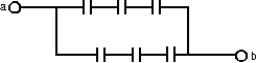 <strong>The diagram shows six 6- \mu F capacitors.The capacitance between points a and b is: </strong> A)1 \mu F B)3 \mu F C)4 \mu F D)6 \mu F E)9 \mu F