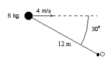 A 6.0-kg particle moves to the right at 4.0 m/s as shown.The magnitude of its angular momentum about the point O is:   A) 0 kg∙m<sup>2</sup>/s B) 288 kg∙m<sup>2</sup>/s C) 144 kg∙m<sup>2</sup>/s D) 24 kg∙m<sup>2</sup>/s E) 249 kg∙m<sup>2</sup>/s