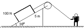  A man pulls a 100-N crate up a frictionless 30 \degree slope 5 m high as shown.Assuming that the crate moves at constant speed, the work done by the man is:   A) -500 J B) -250 J C) 0 J D) 250 J E) 500 J 