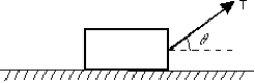  A block of mass m is pulled along a rough horizontal floor by an applied force as shown.The vertical component of the force exerted on the block by the floor is:   A) mg B) mg - T cos  \theta   C) mg + T cos  \theta   D) mg - T sin  \theta   E) mg + T sin  \theta   