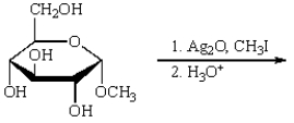 Treatment of methyl  \alpha -D-glucopyranose with silver oxide and iodomethane (Ag<sub>2</sub>O, CH<sub>3</sub>I)  followed by hydrolysis (H<sub>3</sub>O<sup>+</sup>)     gives: A)    B)    C)    D)    E)    